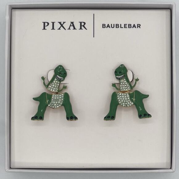 Disney Pixar BaubleBar Toy Story Rex Dinosaur Earrings Green Crystal Drop - Picture 1 of 5